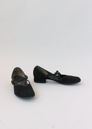 Vintage 1940s Black Suede Mary Jane Flats