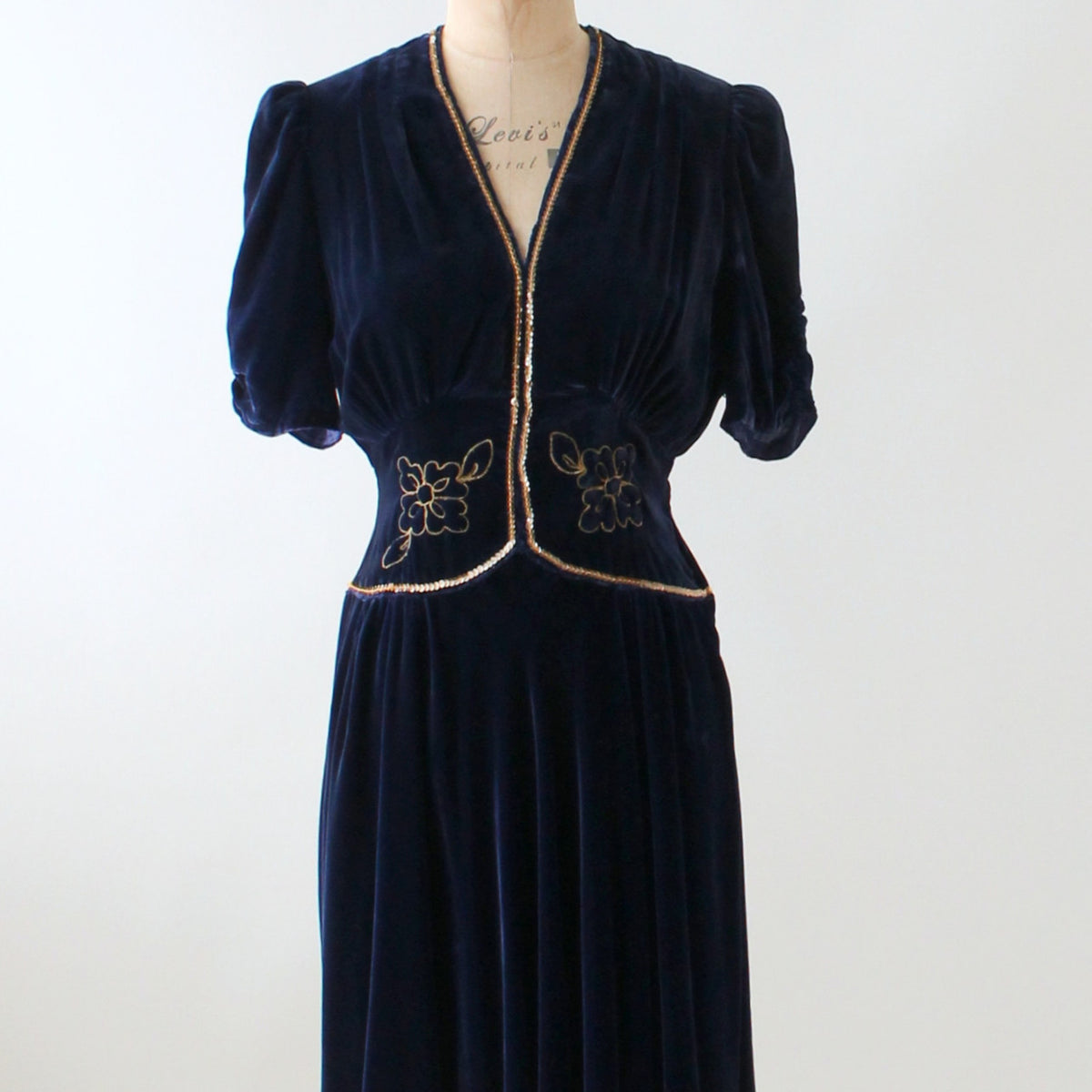 Vintage Early 1940s Embellished Blue Velvet Party Dress