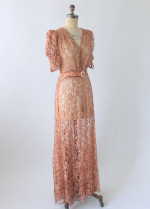 Vintage 1940s Mocha Lace Evening Dress
