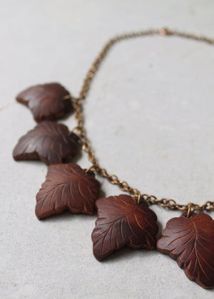 Vintage 1940s Carved Wooden Leaves and Brass Necklace