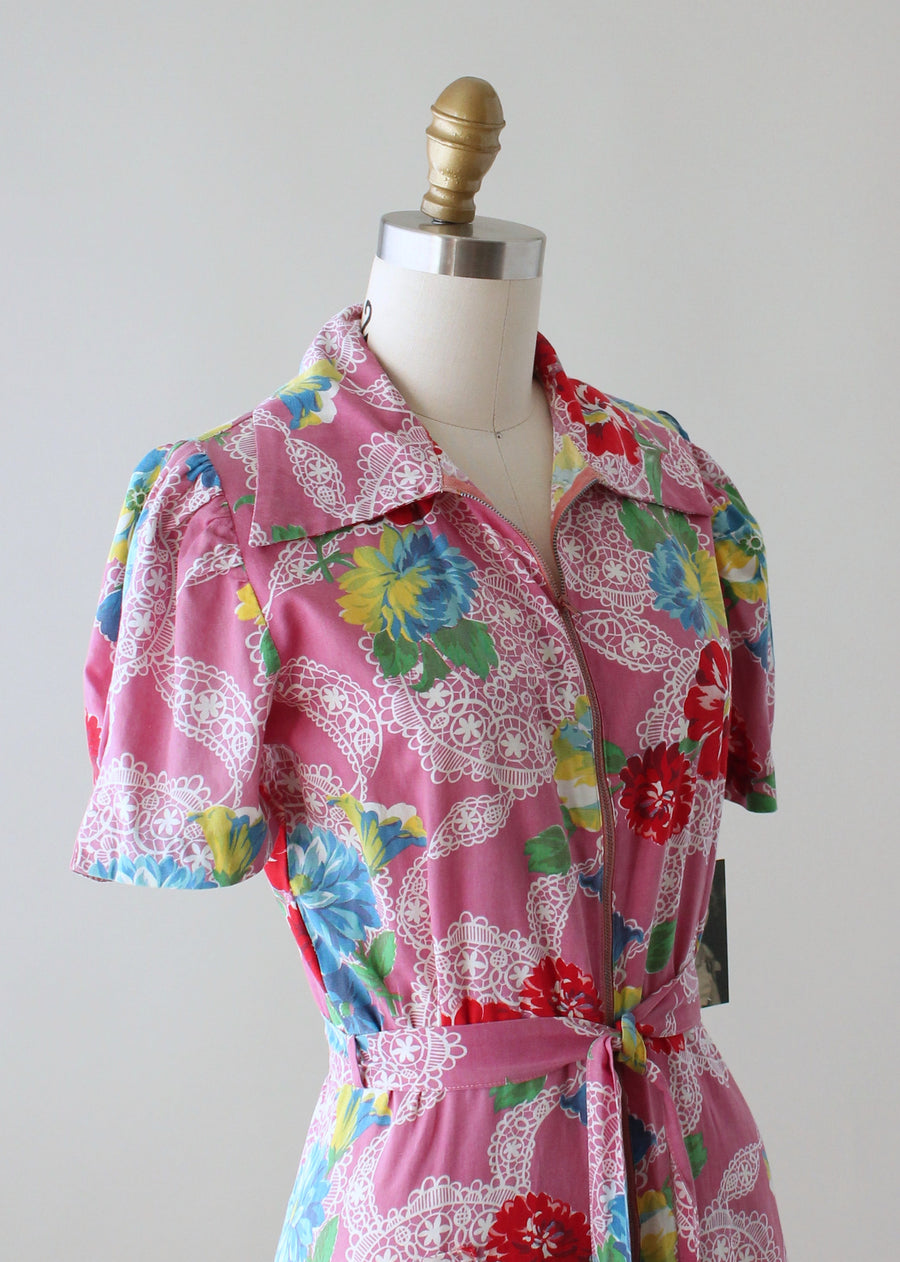 Vintage 1940s Floral Cotton Zip Front Robe Dress