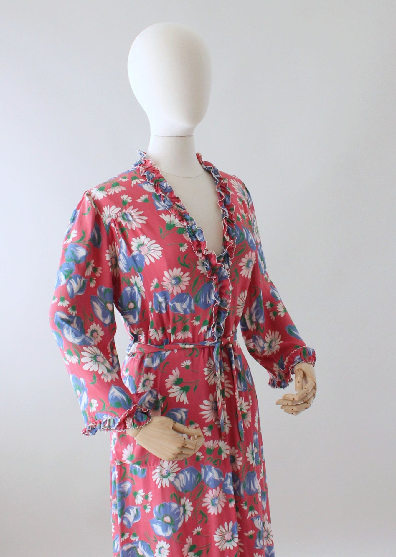 Vintage 1940s Pink Floral Rayon Dressing Gown or Maxi Dress