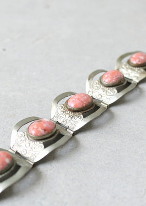 Vintage 1950s Mexican Sterling Silver and Pink Glass Bracelet