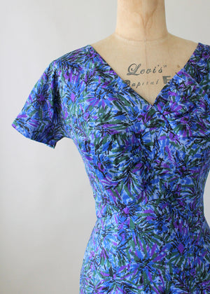 Vintage 1950s Purple and Blue Burst Silk Dress