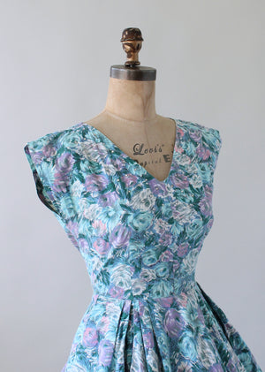 Vintage 1950s Pastel Blue Floral Cotton Day Dress