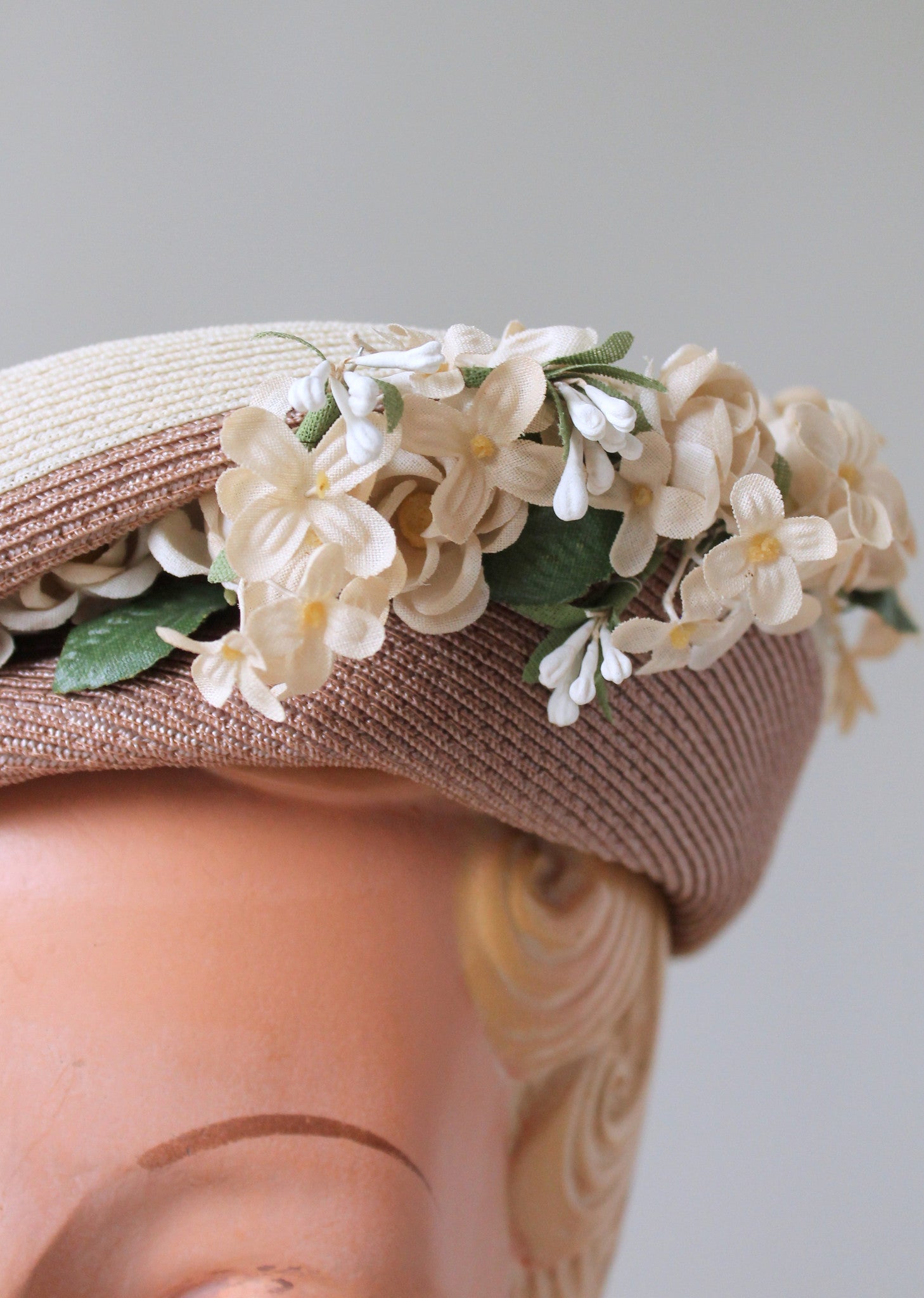 Vintage 1940s Straw Beret with Floral Millinery