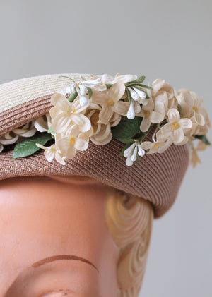 Vintage 1940s Straw Beret with Floral Millinery