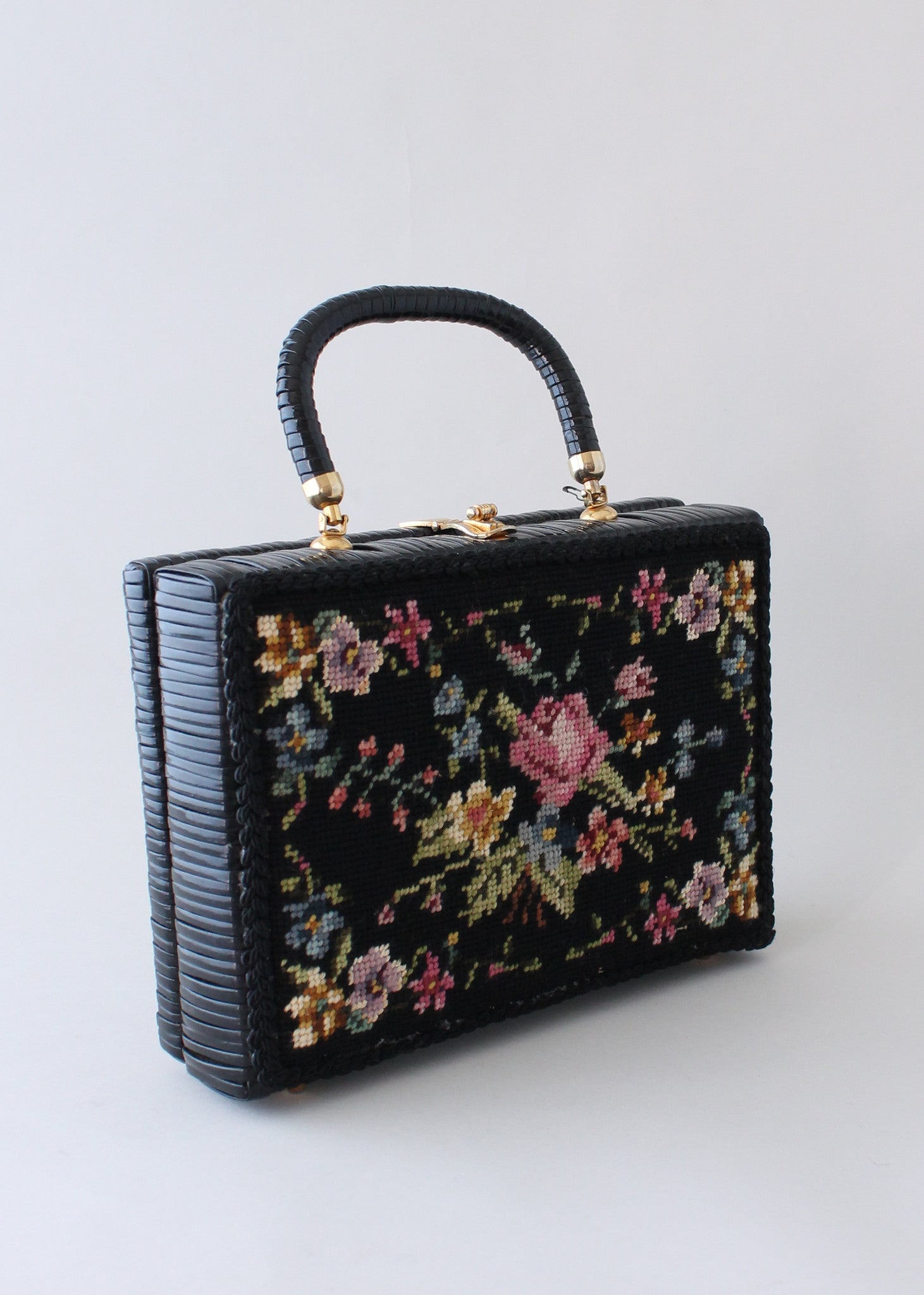 Vintage 1960s Black Wicker Box Purse with Floral Needlework