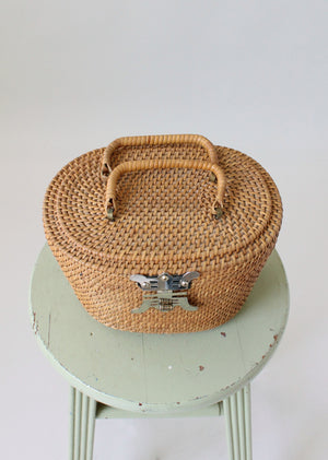 Vintage 1960s Wicker Basket Purse with Asian Style Accents