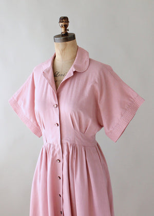 Vintage 1970s Mauve Linen Button Front Day Dress