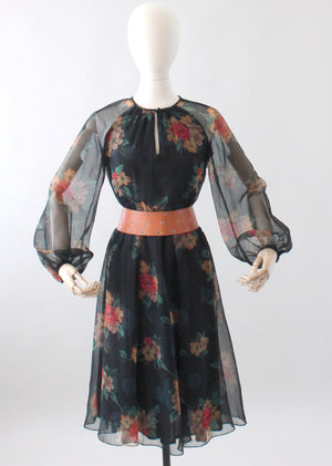 Vintage 1970s Floral Navy Chiffon Day Dress