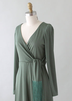 Vintage 1970s Moss Green Tasseled Maxi Dress