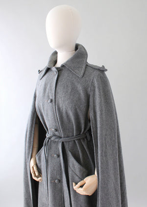 Vintage 1970s Grey Wool Belted Coat Cape