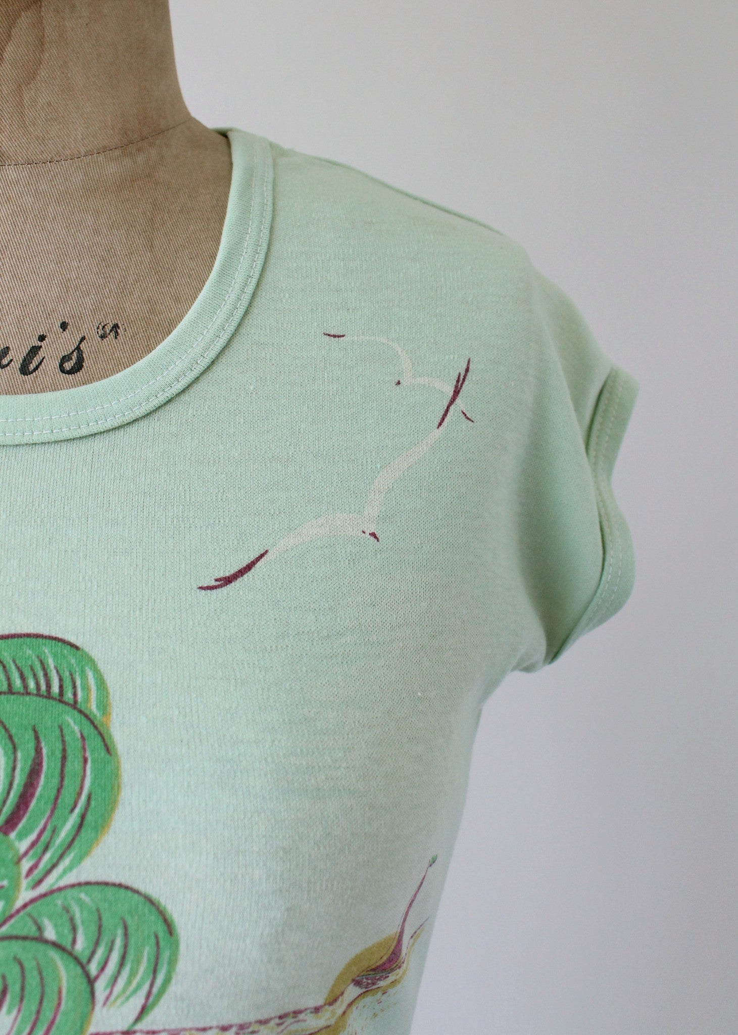 Vintage 1970s Mint Green Tropical Babydoll Shirt