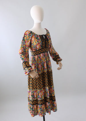 Vintage 1970s Mixed Florals Peasant Dress