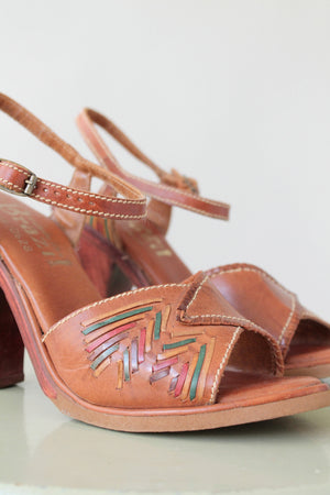 Vintage 1970s Hint of Color Wood and Leather Sandals