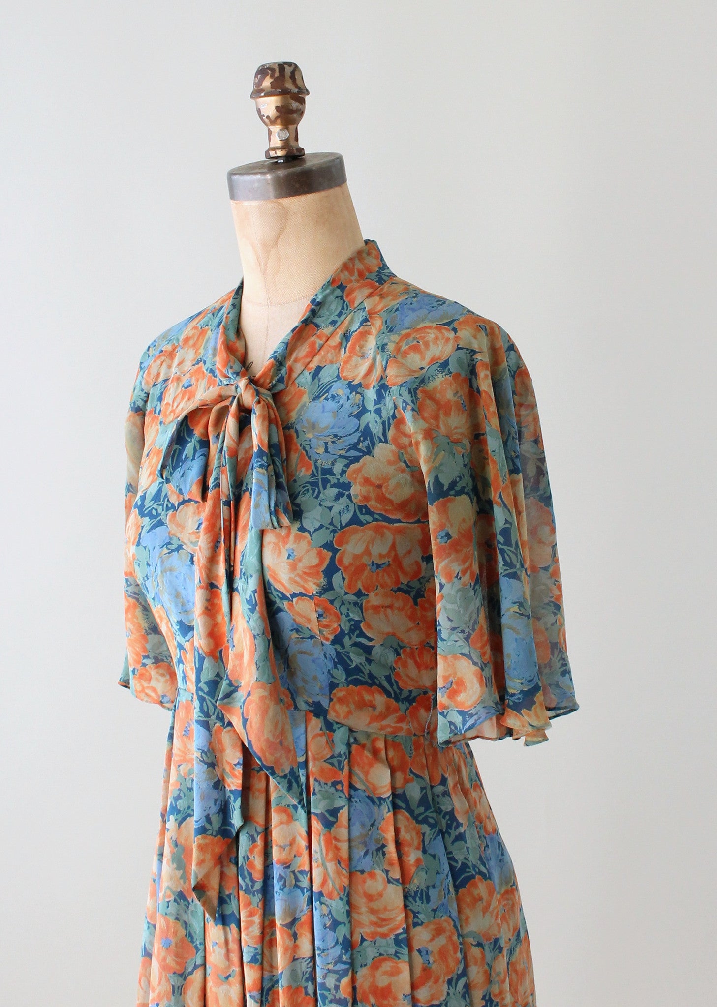 Vintage Floral Silk Dress with Flutter Sleeves