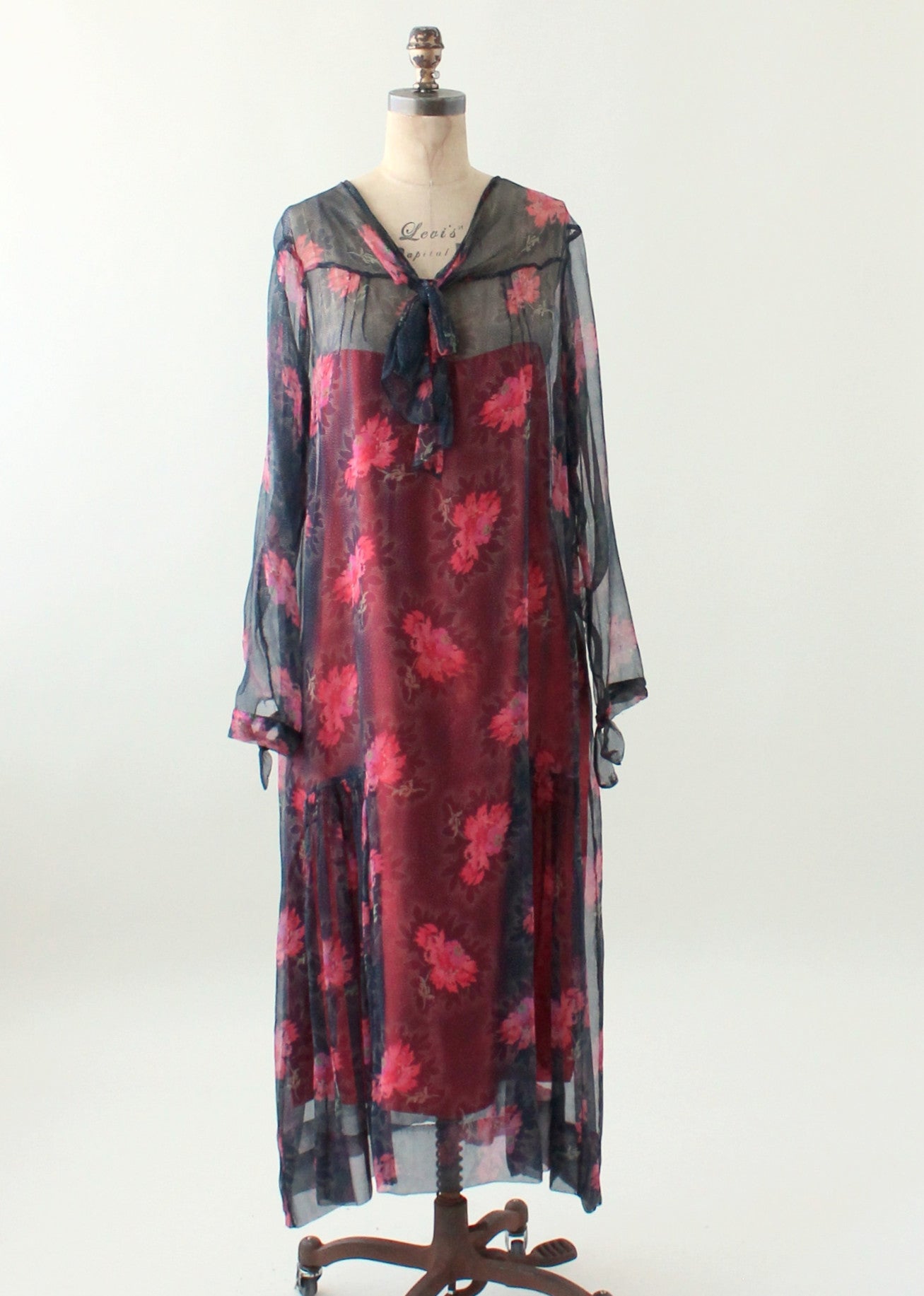 Vintage 1920s Navy and Pink Floral Silk Chiffon Dress