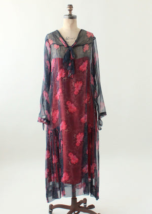 Vintage 1920s Navy and Pink Floral Silk Chiffon Dress