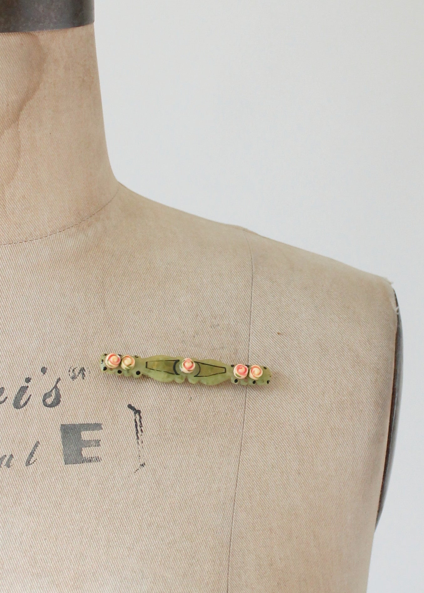 Vintage 1920s Painted Roses and Green Celluloid Bar Pin