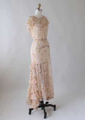 Vintage 1930s Floral Crepe Ruffled Lawn Party Dress