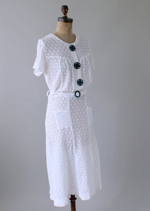 Vintage 1930s White and Blue Knit Dress