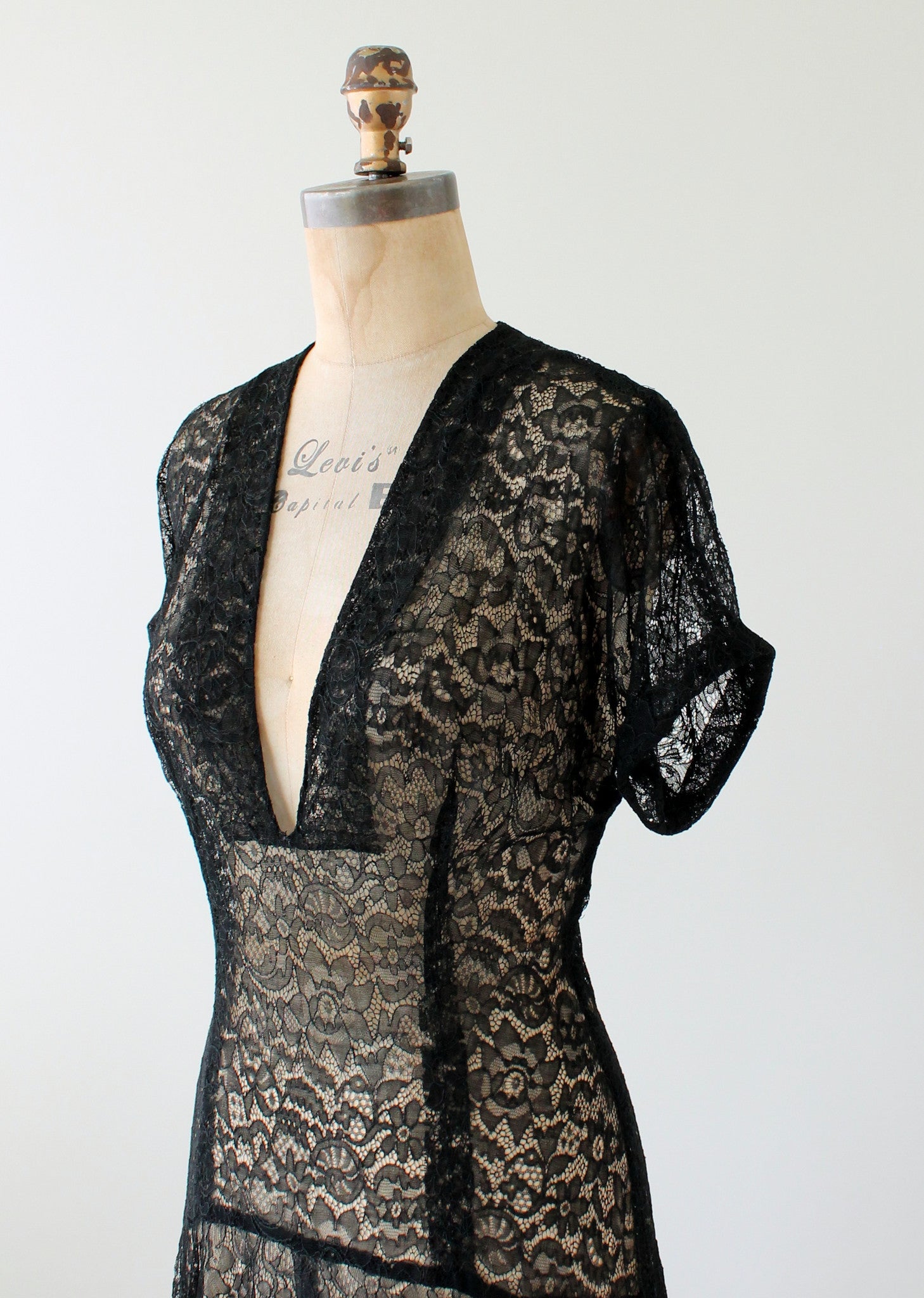 Vintage 1940s Plunging Neckline Black Lace Dress
