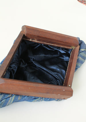 Vintage 1940s Blue Fabric Clutch with Wood Frame