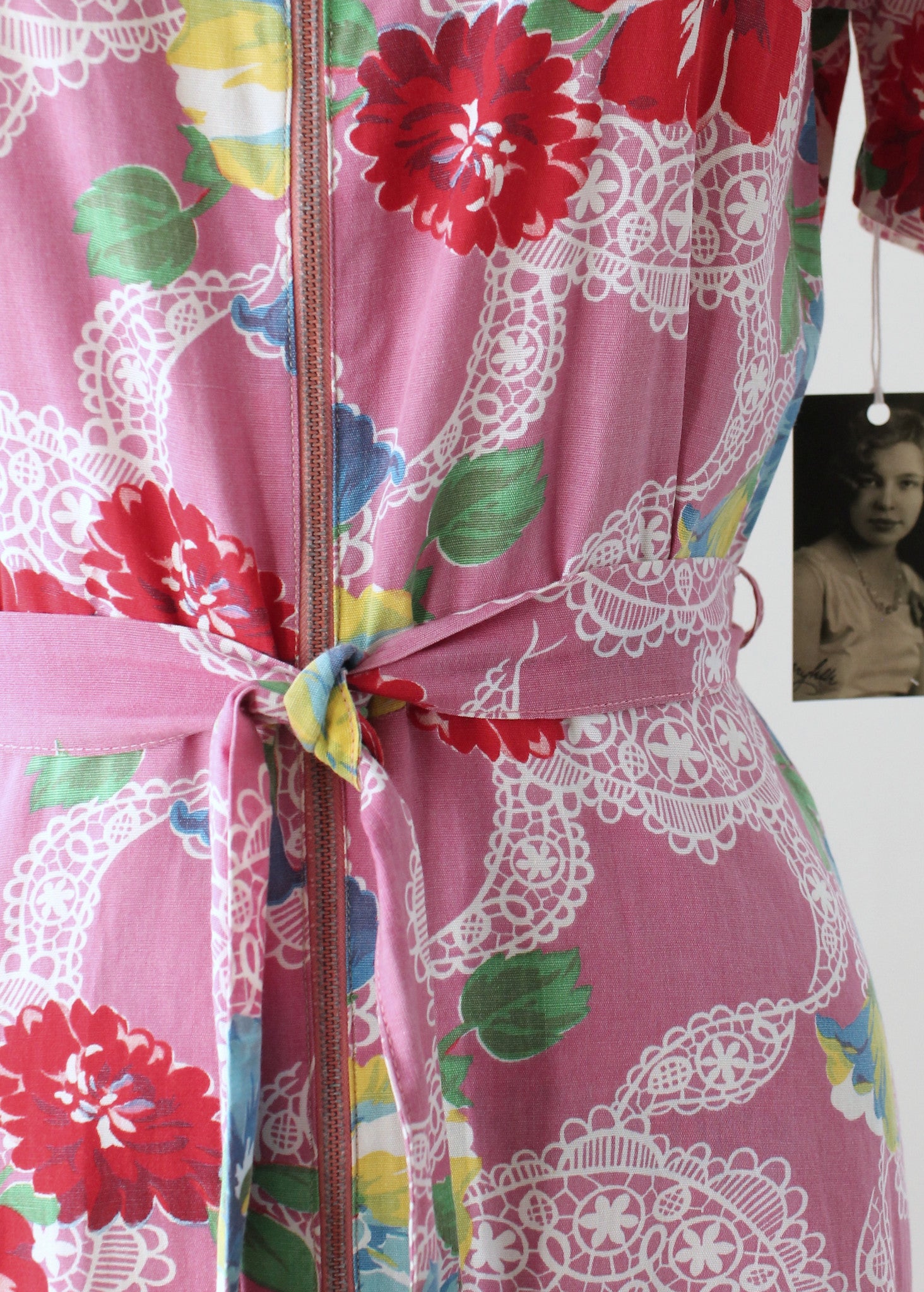 Vintage 1940s Floral Cotton Zip Front Robe Dress