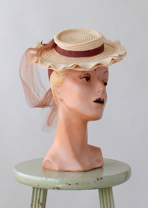 Vintage 1940s Straw Ruffled Boater Tilt Hat