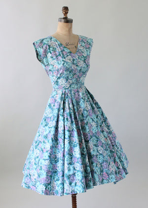 Vintage 1950s Pastel Blue Floral Cotton Day Dress