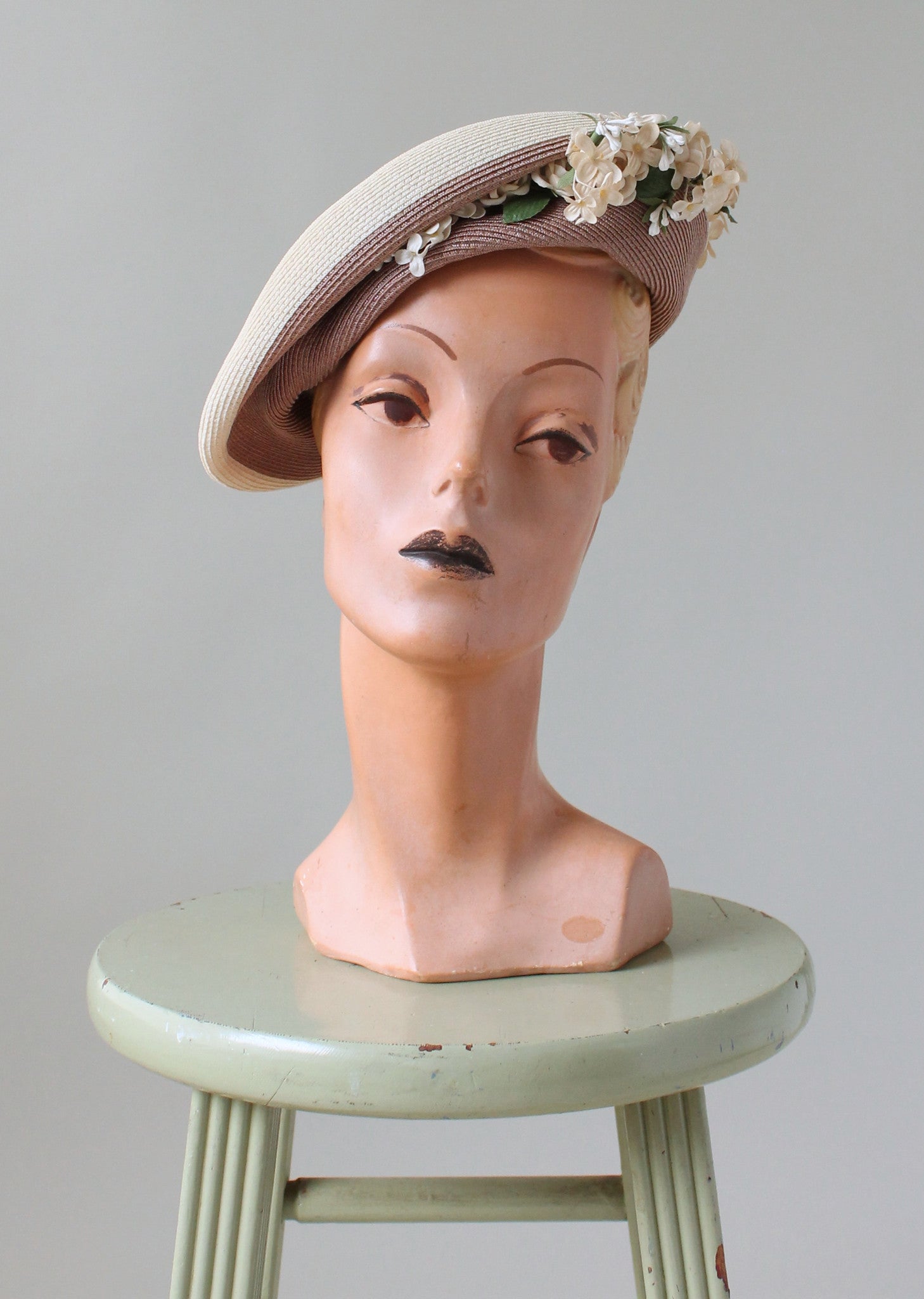 Vintage 1940s Straw Beret with Floral Millinery