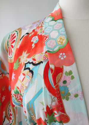 Vintage 1960s Colorful Crepe Kimono Robe
