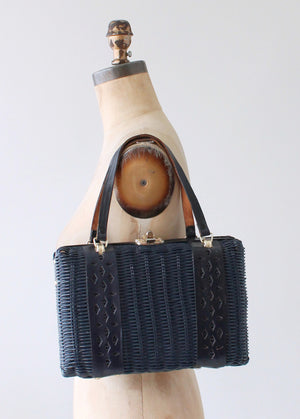 Vintage 1960s Navy Wicker and Leather Purse