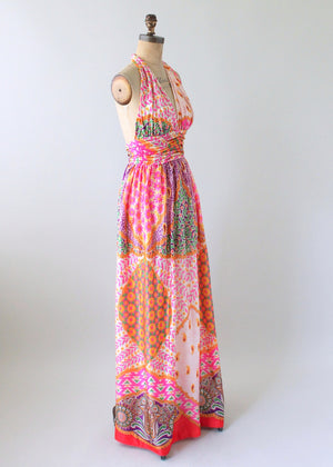 Vintage 1970s Scarf Print Halter Maxi Dress and Shawl