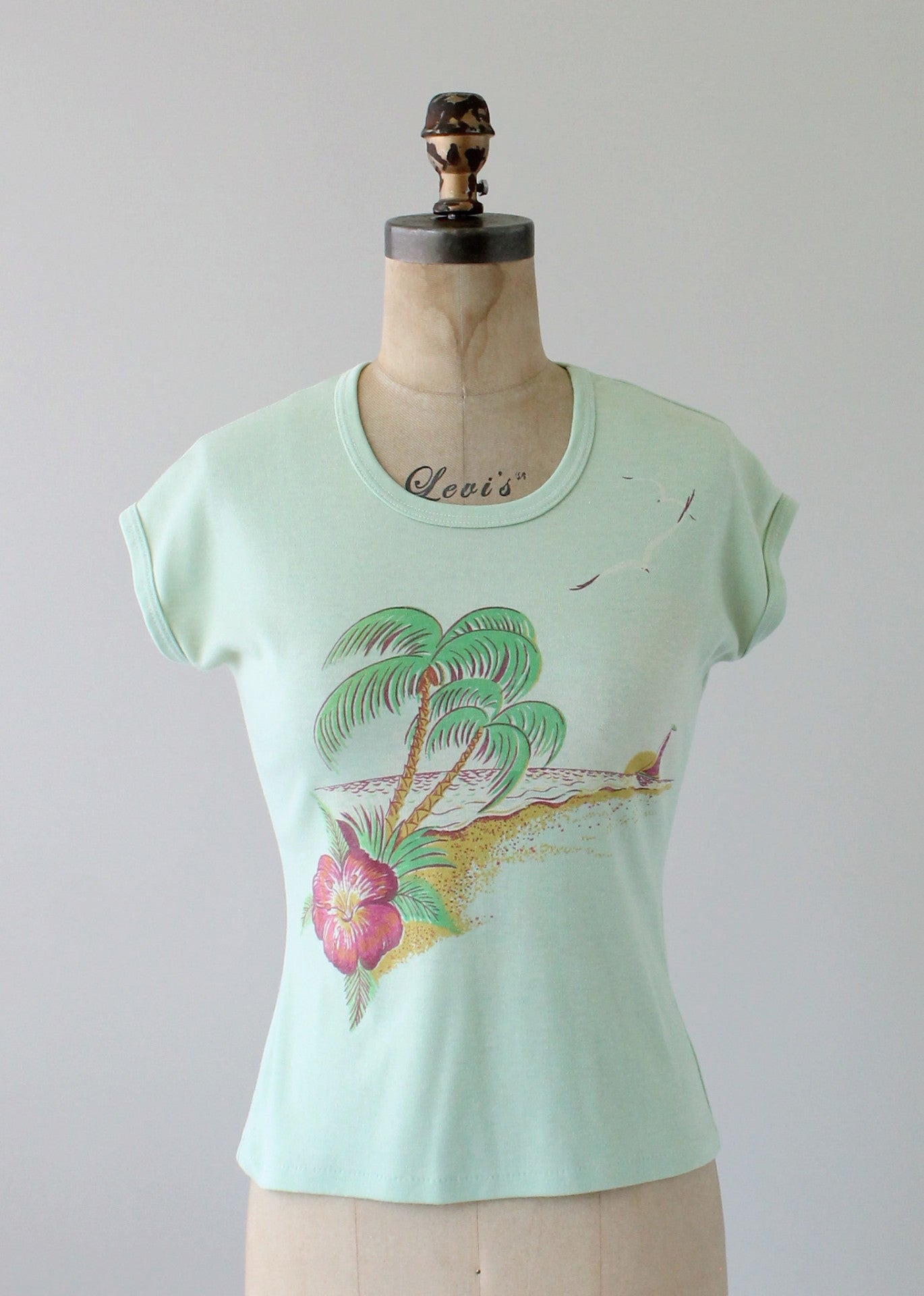 Vintage 1970s Mint Green Tropical Babydoll Shirt