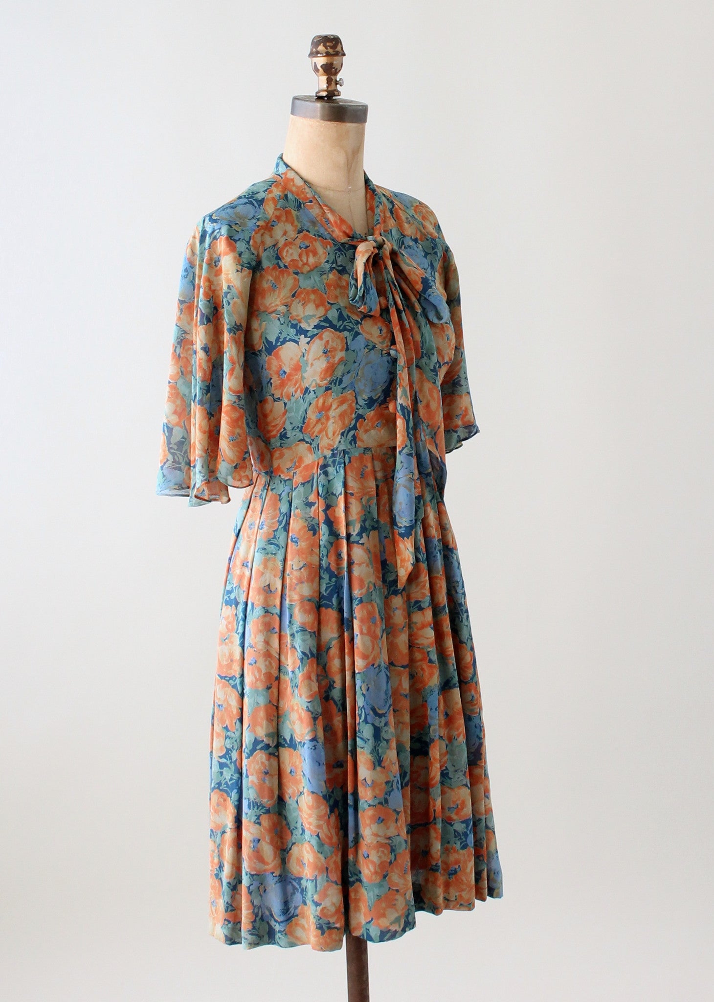 Vintage Floral Silk Dress with Flutter Sleeves