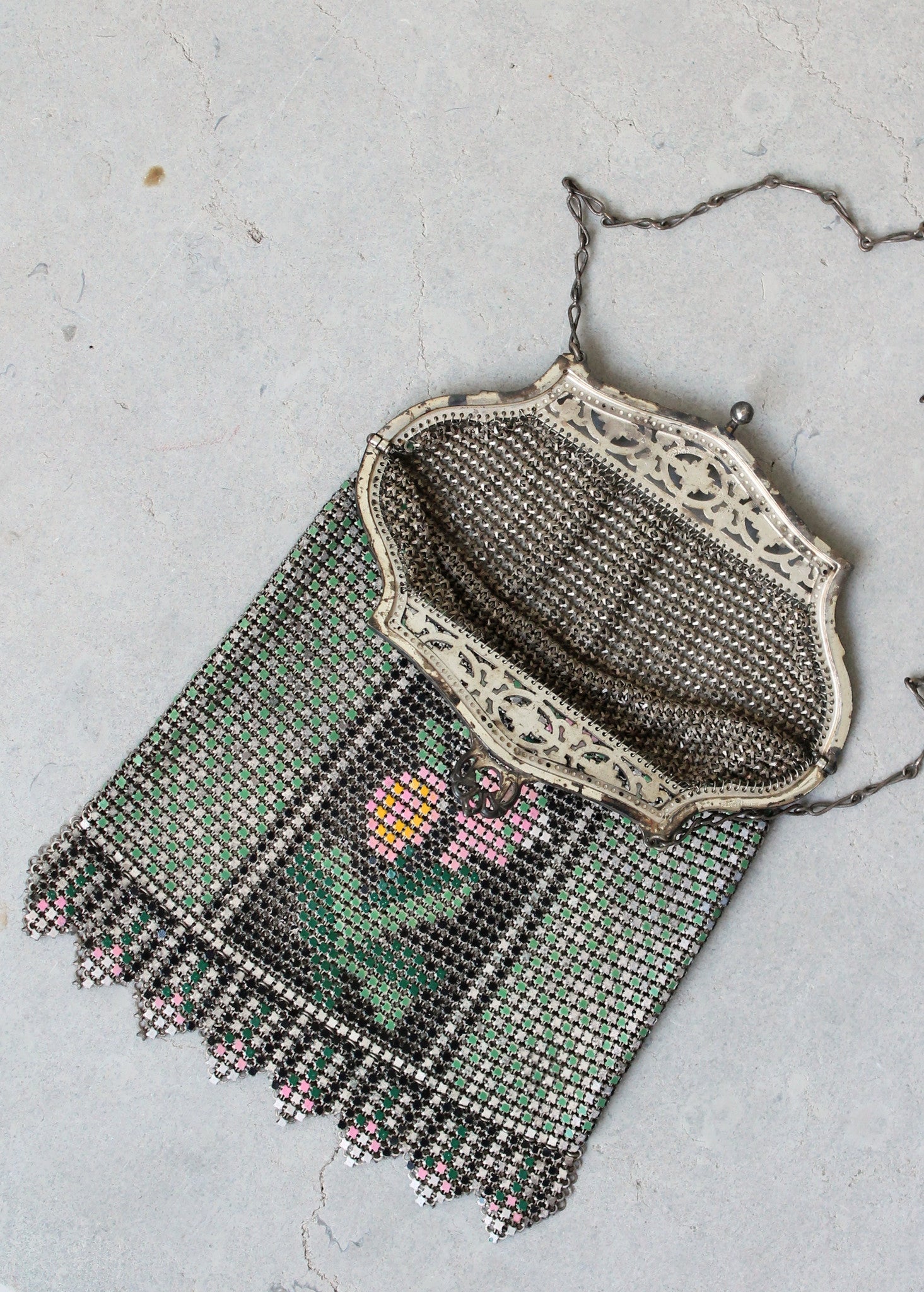 Vintage 1920s Floral Painted Mesh Purse
