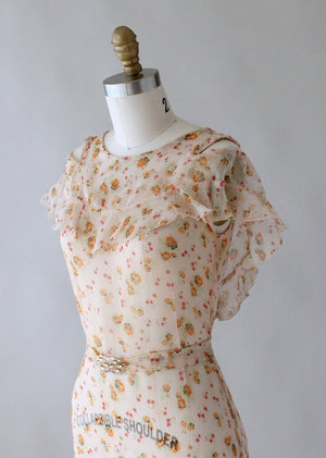 Vintage 1930s Floral Crepe Ruffled Lawn Party Dress