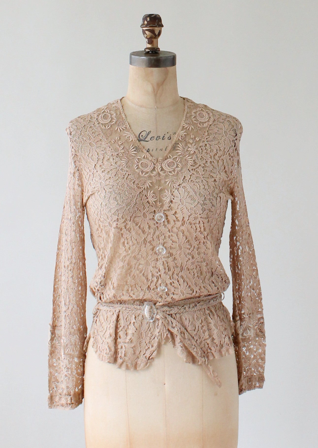 Vintage 1920s–30s Ecru Lace Blouse with Glass Buttons