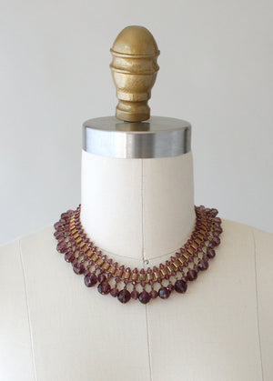 Vintage 1930s Purple Glass and Brass Statement Necklace