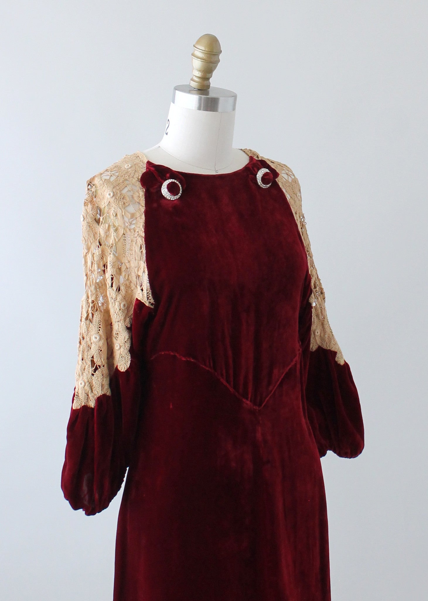 Vintage 1930s Red Velvet and Lace Evening Dress