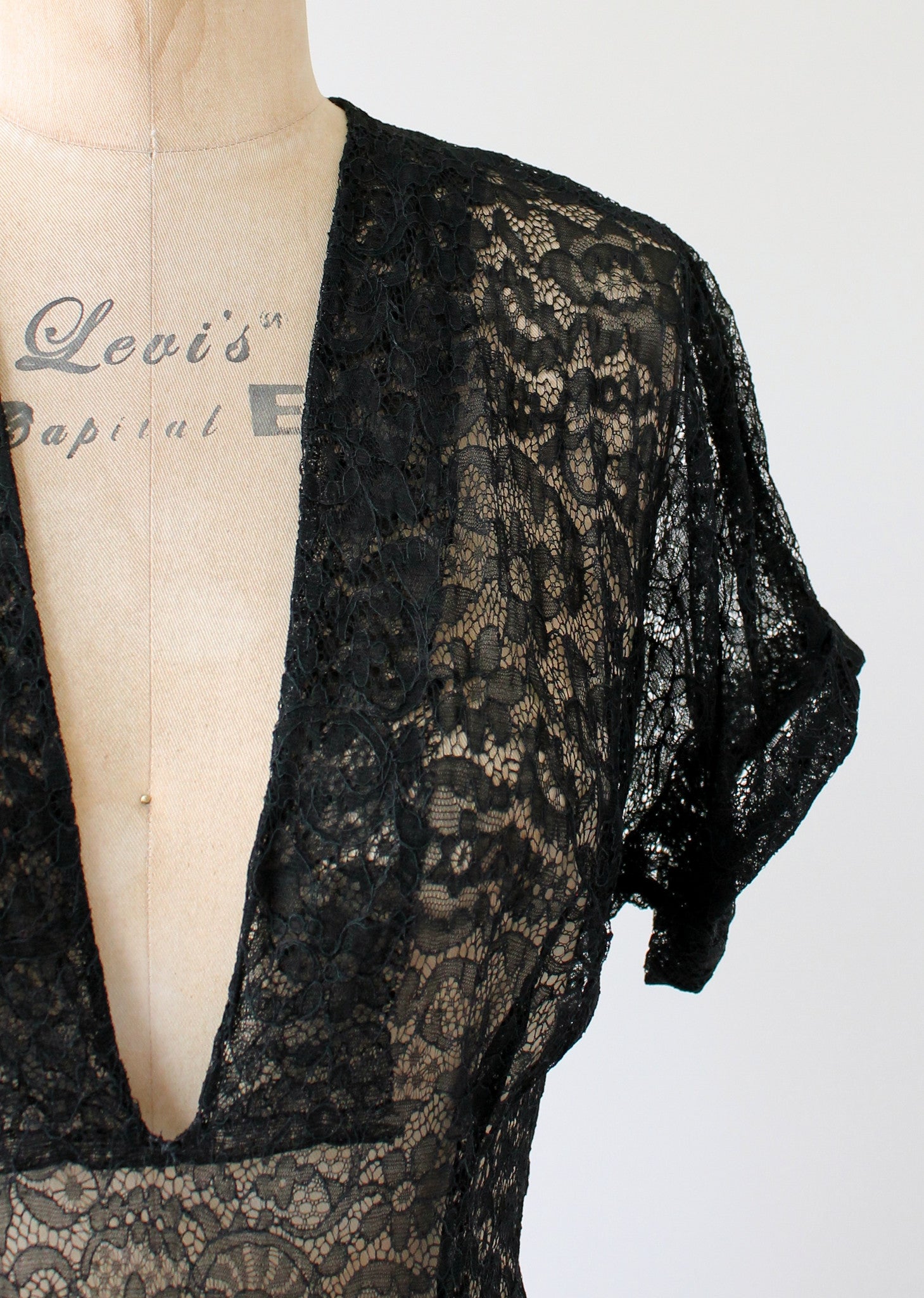 Vintage 1940s Plunging Neckline Black Lace Dress