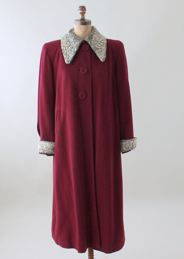 1940s Burgundy Wool Coat with Fur Trim