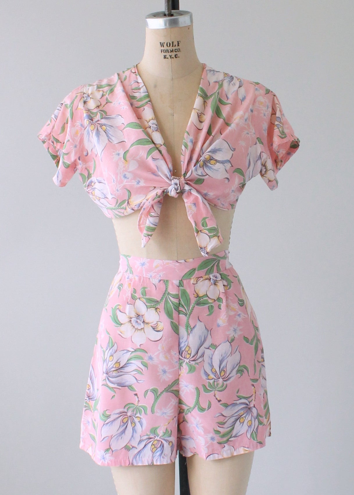 Vintage 1940s Two Piece Pink Floral Playsuit