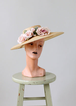 Vintage Early 1940s Pink Roses Wide Brim Hat