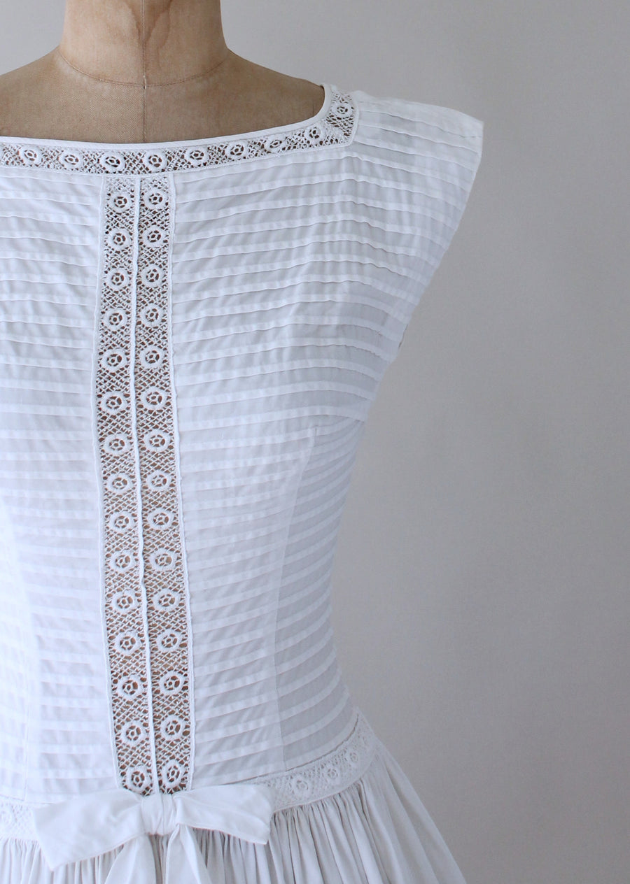 Vintage 1950s White Cotton and Lace Day Dress
