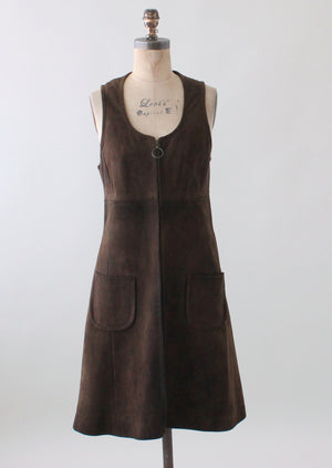 Vintage 1960s Brown Suede Zip Front Jumper Dress