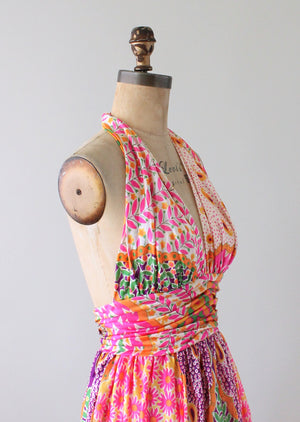 Vintage 1970s Scarf Print Halter Maxi Dress and Shawl