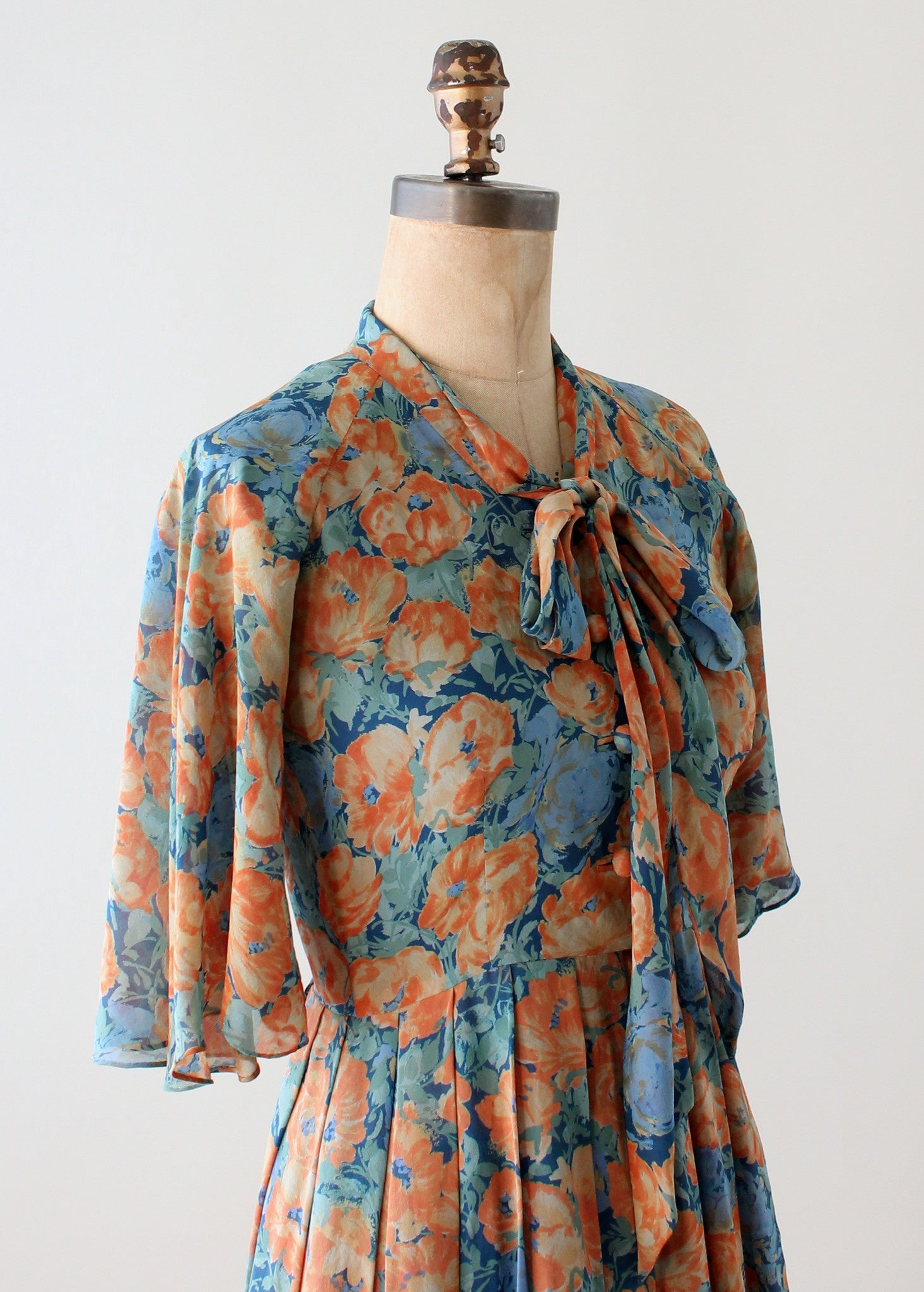 Vintage Floral Silk Dress with Flutter Sleeves